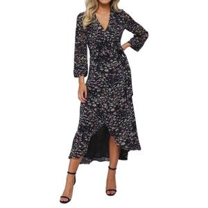 GANNI Black Floral Print Georgette Maxi Wrap Dress - EU 40
